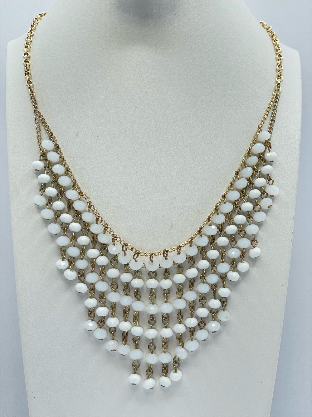 Gold Frosted White Crystal Glass Fringe Bib Statement Necklace New